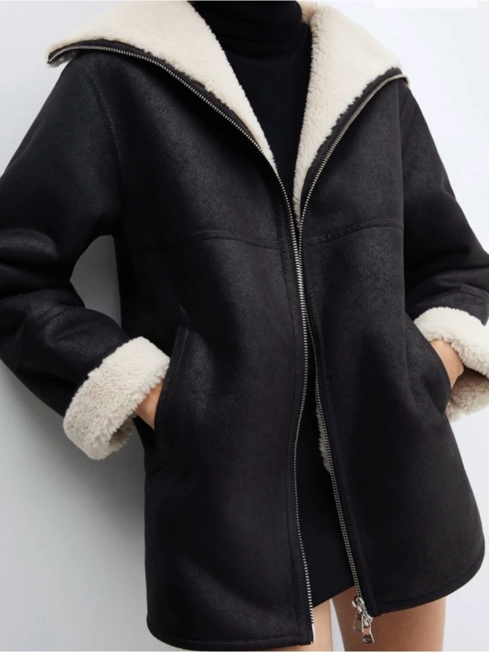 Mango Black Jacket with Cream Shearling Trim sz Medium